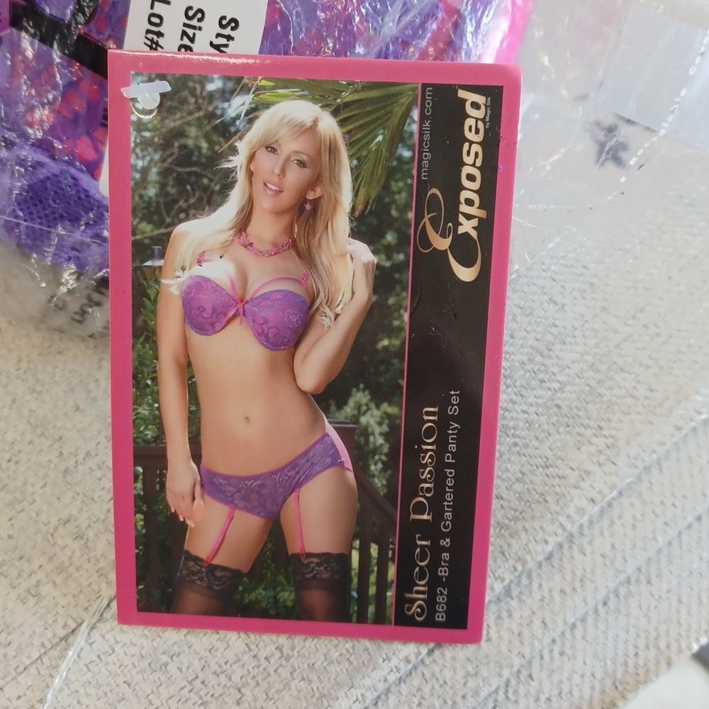 Exposed Pink/Purple Bra & Gartered Panty Set